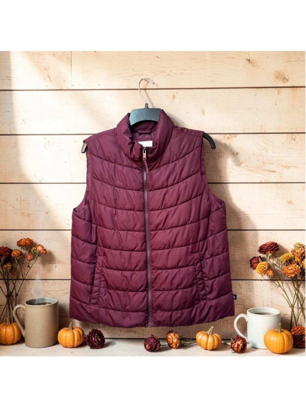 GAP Water-Resistant Puffer Vest Womens Large Burgundy Full Zip Fall Vest Pockets - Picture 13 of 13